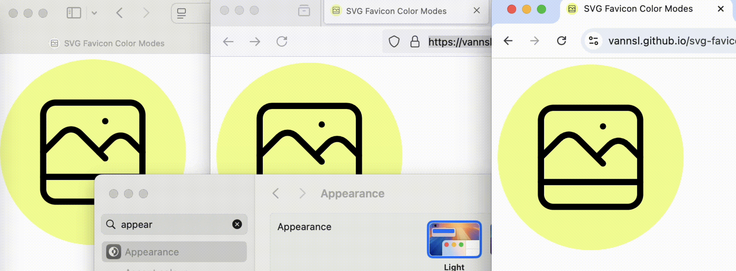 Light mode SVG favicons demo page in Safari, Firefox, and Chrome (from left to right)