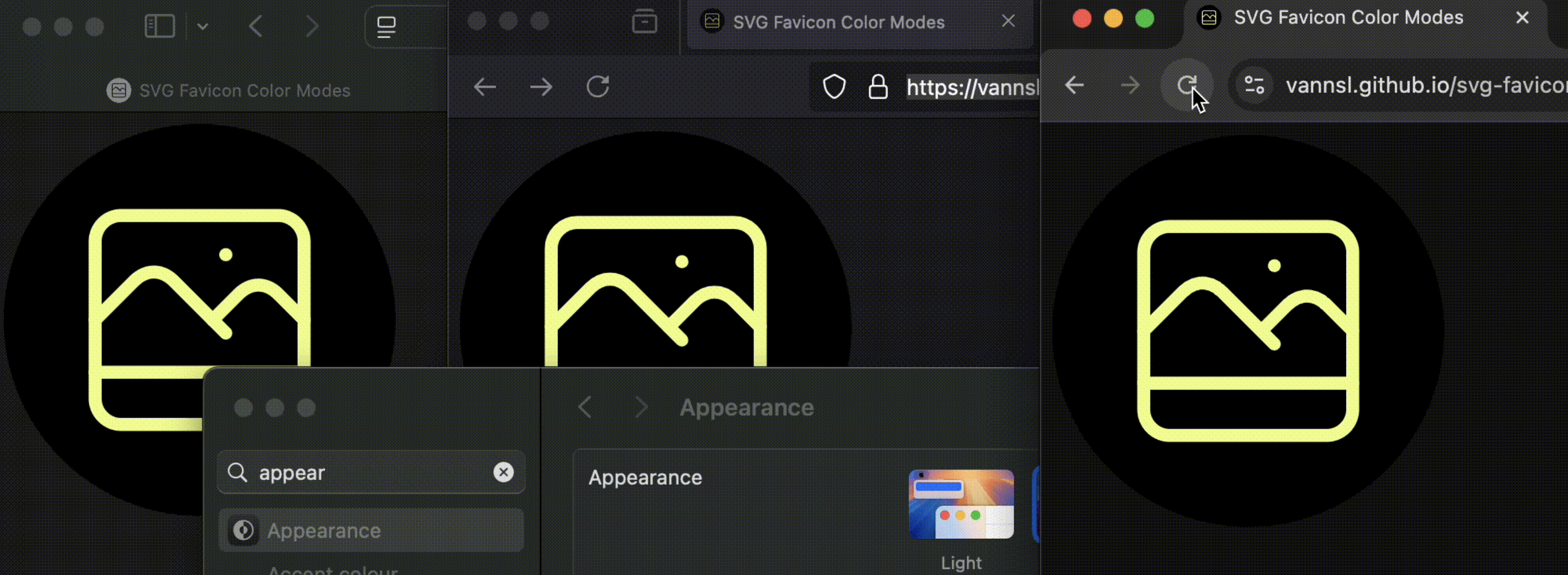 Dark mode SVG favicons demo page in Safari, Firefox, and Chrome (from left to right)