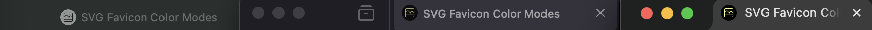 Dark mode SVG favicons in Safari, Firefox, and Chrome (from left to right)